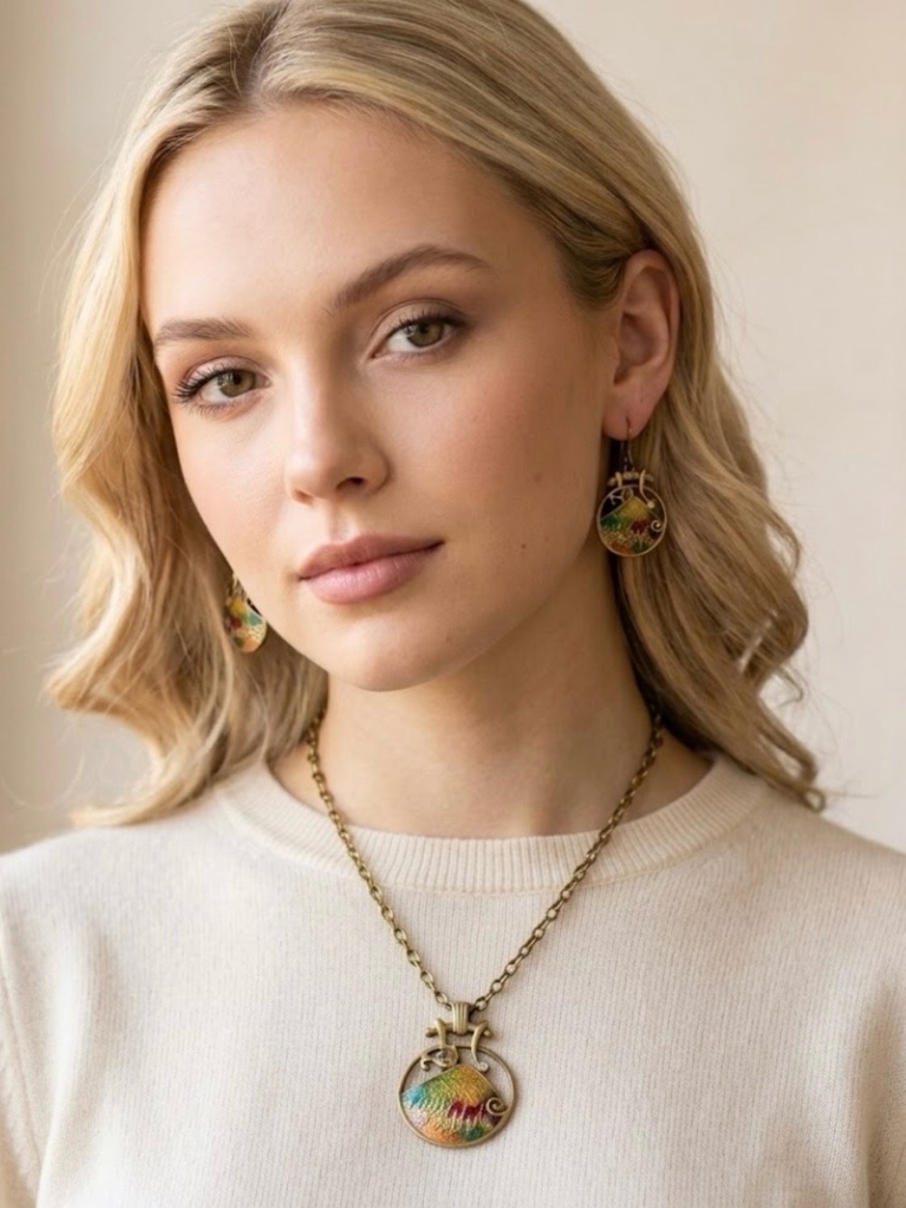 🔴 Artisan Handmade Necklace &
Earring Set - Gold with Multicolor Enamel